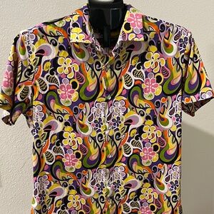 ST33LE Multicolor Flower Power Paisley Mod Print SS Stretch Cotton Shirt LARGE
